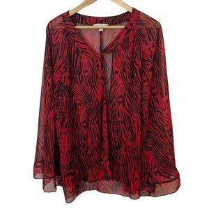 Annalee + Hope Semi-Sheer Zebra Print Top Sz L Red Black Animal Wide Sleeve EUC